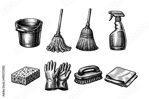 Vintage illustration of cleaning supplies including a bucket, mops, spray bottle, sponge, gloves, brush, and cloth