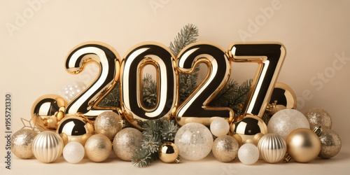 Elegant 2027 celebration background with gold balloons and decorative holiday elements