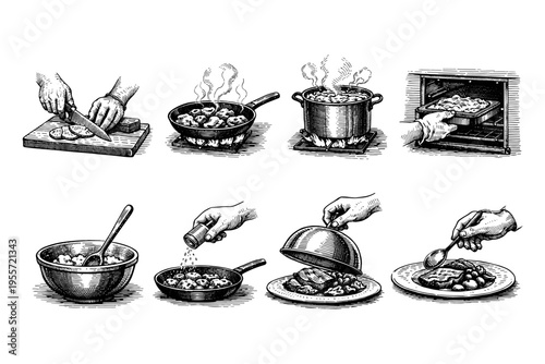 Step-by-step illustration of food preparation from chopping to serving
