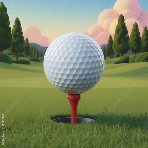 Golf Ball on Tee in Lush Green Course with Scenic Landscape, Professional Sports Concept with Blue Sky and Forest Background, Outdoor Recreation and Championship Game Illustration for Leisure and Trai