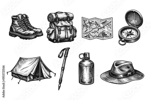 Vintage camping and hiking gear collection, hand-drawn illustration style