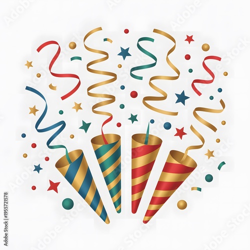 Party Celebration Confetti and Party Poppers Illustration with Colorful Streamers and Festive Elements, Fun Event Decoration Design for Birthday, New Year and Holiday Celebration Themes
