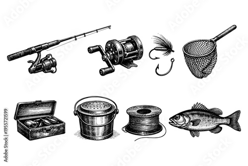 Collection of vintage fishing gear and equipment, including rods, reels, and bait