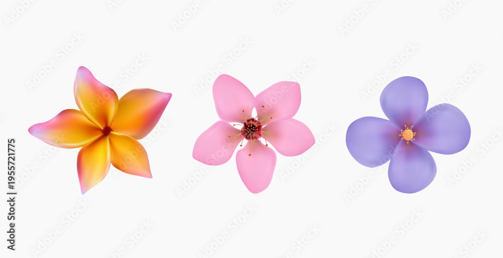 Obraz premium Spring flowers blossoms set 3D vector illustration. Flowers red, pink, and blue flowers. Gerbera, sakura, flower with pink petals isolated on white. Beautiful flower icon set