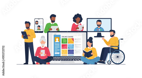 Diverse Group Learning Online via Laptop Screen, Inclusive E-Learning, Distance Education, Accessible Studying and Technology Integration