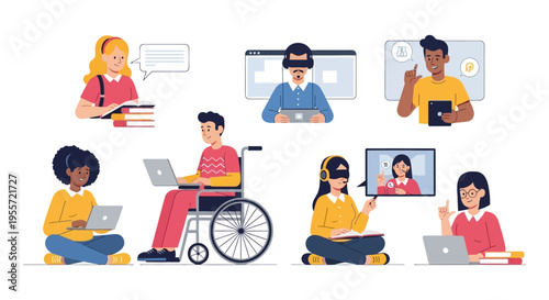 Diverse Group of Students Learning Online: Accessible E-learning, Digital Education, Inclusion, and Adaptive Technology Flat Vector Set