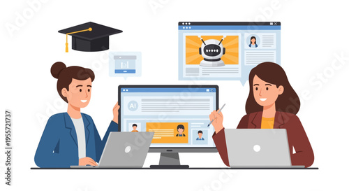 AI Education and E-learning Collaboration: Two women studying Artificial Intelligence, utilizing a graduation program and chatbot technology.