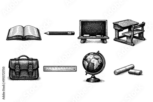 Vintage school supplies illustration: book, pencil, chalkboard, desk, globe, and satchel