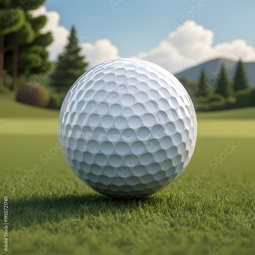 Golf Ball on Tee in Lush Green Course with Scenic Landscape, Professional Sports Concept with Blue Sky and Forest Background, Outdoor Recreation and Championship Game Illustration for Leisure and Trai