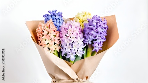 Colorful hyacinth bouquet wrapped in paper for present