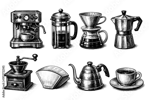 Collection of vintage coffee brewing equipment in detailed engraving style