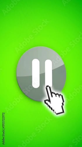 A large play button with a cursor clicking on it, set against a bright green background with a white border, likely used for a video or music player interface