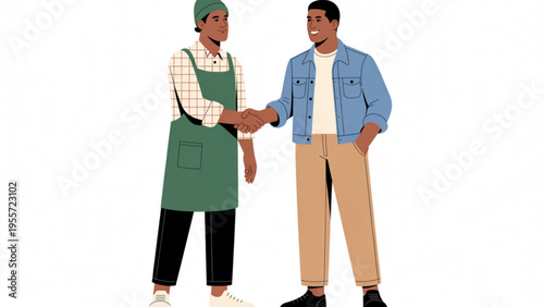 Two African American Men Shaking Hands Handshake Agreement Small Business Owner Worker and Customer Partnership Collaboration Flat Vector Illustration