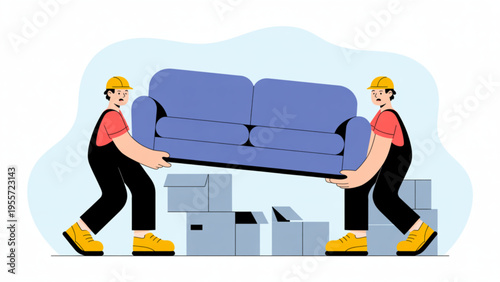 Professional movers in uniform carrying purple sofa with cardboard boxes for home relocation service flat vector illustration.