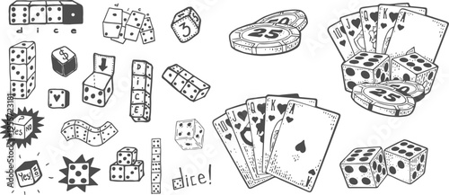 Hand Drawn Casino Doodle Set with Gambling Symbols Dice Cards Poker Chips Roulette and Slot Machine Sketch Vector Collection