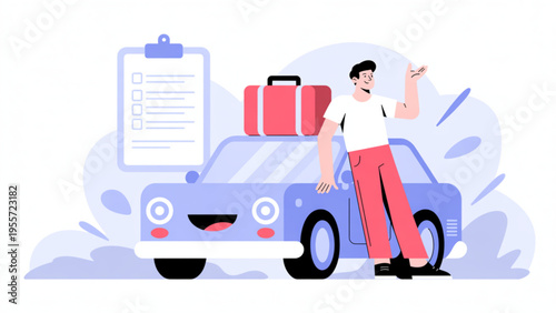 Young Man Standing Next to Blue Car Planning Road Trip Vacation with Suitcase and Travel Checklist Flat Vector Illustration