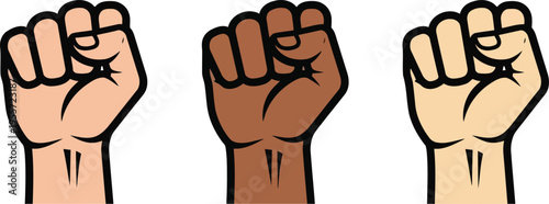 A collection of three raised fists in diverse skin tones representing unity and social solidarity Vector