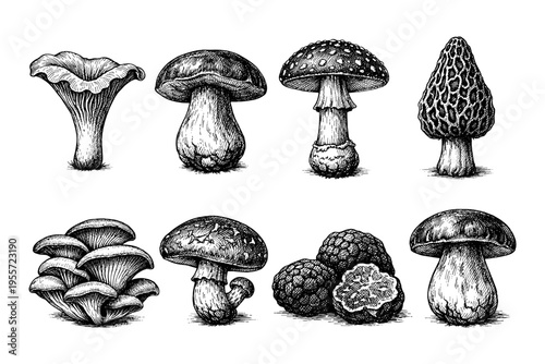 Collection of detailed black and white ink illustrations of various wild mushrooms