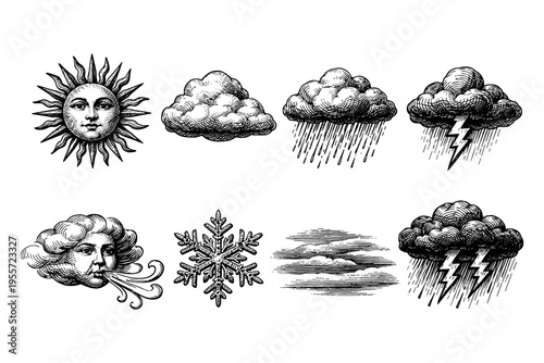 Vintage weather symbols including sun, clouds, rain, lightning, wind, and snowflake