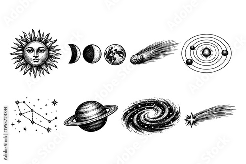 Vintage celestial illustrations of sun, moon phases, planets, and galaxies