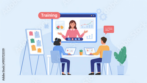 Online Corporate Training and Webinar Concept with People Attending Virtual Workshop via Computer Screen for Business Skills Development Flat Vector Illustration