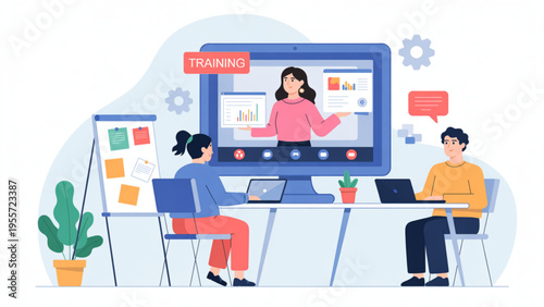 Online Corporate Training and Webinar Concept with People Attending Virtual Workshop via Computer Screen for Business Skills Development Flat Vector Illustration