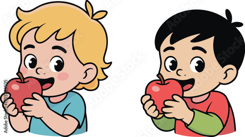 Cute cartoon vector illustration set of two young boys eating fresh red apples, healthy fruit snack for kids, childhood nutrition and organic food