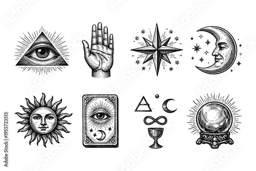 Collection of Esoteric Symbols and Mystical Icons in Vintage Engraving Style