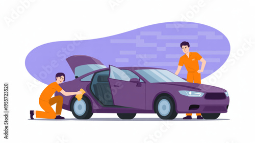 Professional workers in orange uniforms cleaning and detailing a purple luxury sedan car flat vector illustration.