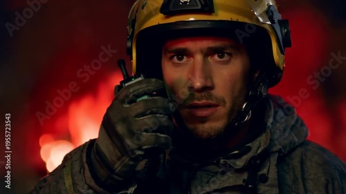 Firefighter in emergency situation at night wearing helmet and coat talking on radio with flames in background