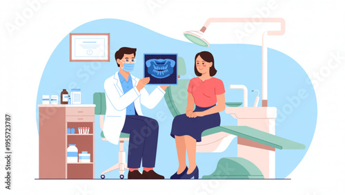 Male dentist showing dental X-ray to female patient in clinic office for oral health consultation illustration.