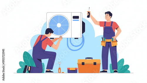 Professional HVAC technicians in overalls repairing outdoor air conditioning unit with tool box illustration.