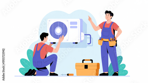 Professional HVAC technicians in overalls repairing outdoor air conditioning unit with tool box illustration.