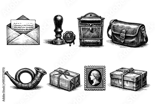 Vintage postal service icons in a detailed engraving style, perfect for historical themes