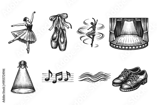 Collection of ballet and performance elements in vintage engraving style