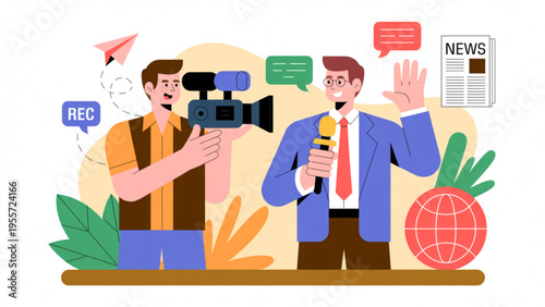 Professional News Reporter and Cameraman Filming Live Broadcast Journalism TV Crew Breaking News Media Production Flat Vector Illustration