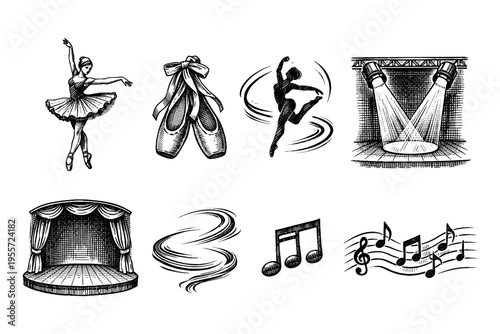 Ballet performance elements: dancer, pointe shoes, stage, spotlights, and musical notes