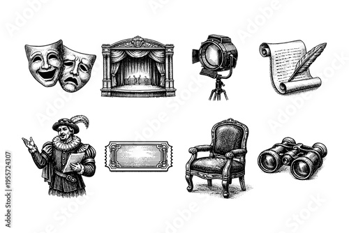 Vintage theater and performance icons collection with masks, stage, and actor illustration