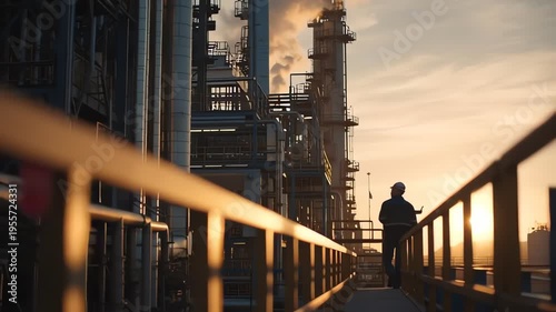 Male industrial engineer walking through refinery plant monitoring pipeline and production system