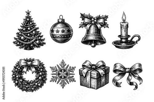 Vintage Christmas Ornaments and Decorations Collection in Engraving Style