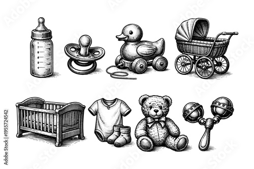 Vintage baby essentials collection: bottle, pacifier, duck toy, stroller, crib, clothes, teddy bear, rattle
