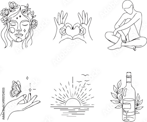 Illustrations of mindfulness, love, and natural serenity symbols