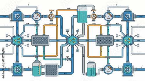 Industrial pipeline system with valves and machinery.