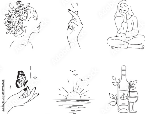 Illustrations depicting themes of mindfulness, self-reflection, and relaxation