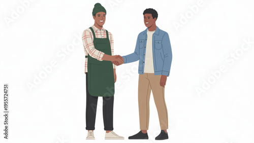 Two African American Men Shaking Hands Handshake Agreement Small Business Owner Worker and Customer Partnership Collaboration Flat Vector Illustration