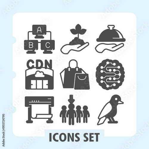 Set of nine glyph icons ideal for web and mobile design, featuring hierarchy, cloud, ecommerce, network and user interface elements in clean vector style