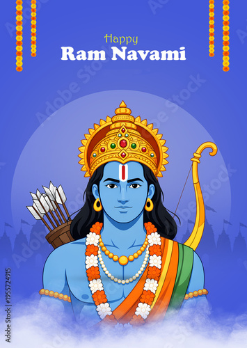 Lord Rama Ram Navami Illustration – Hindu Festival, Culture, Tradition, Spiritual, Bow and Arrow, Warrior, Crown, Temple, Celebration, Religious, Social Media Post, Banner Design, Template