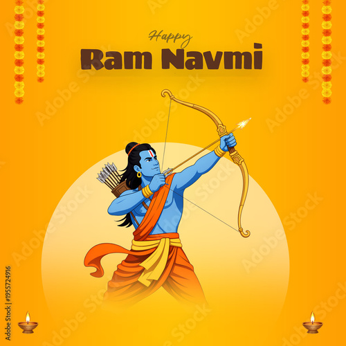 Lord Rama Ram Navami Illustration – Hindu Festival, Culture, Tradition, Spiritual, Bow and Arrow, Warrior, Temple, Celebration, Religious, Social Media Post, Banner Design, Template