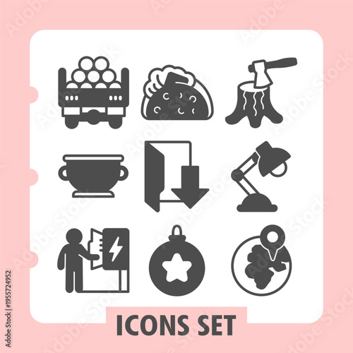 Set of nine glyph style icons featuring transportation, security, analytics and daily objects for web and mobile ui design projects.