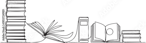 Illustration of books and reading materials with an open book in motion